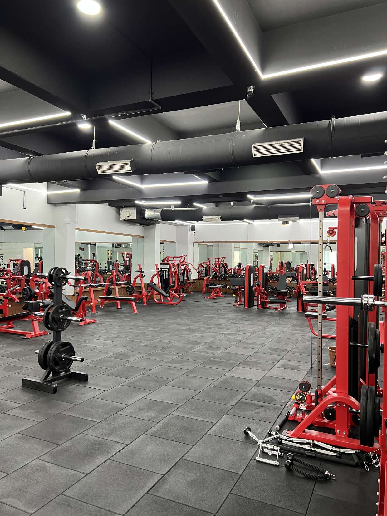 Gym floor with equipment and overhead lighting